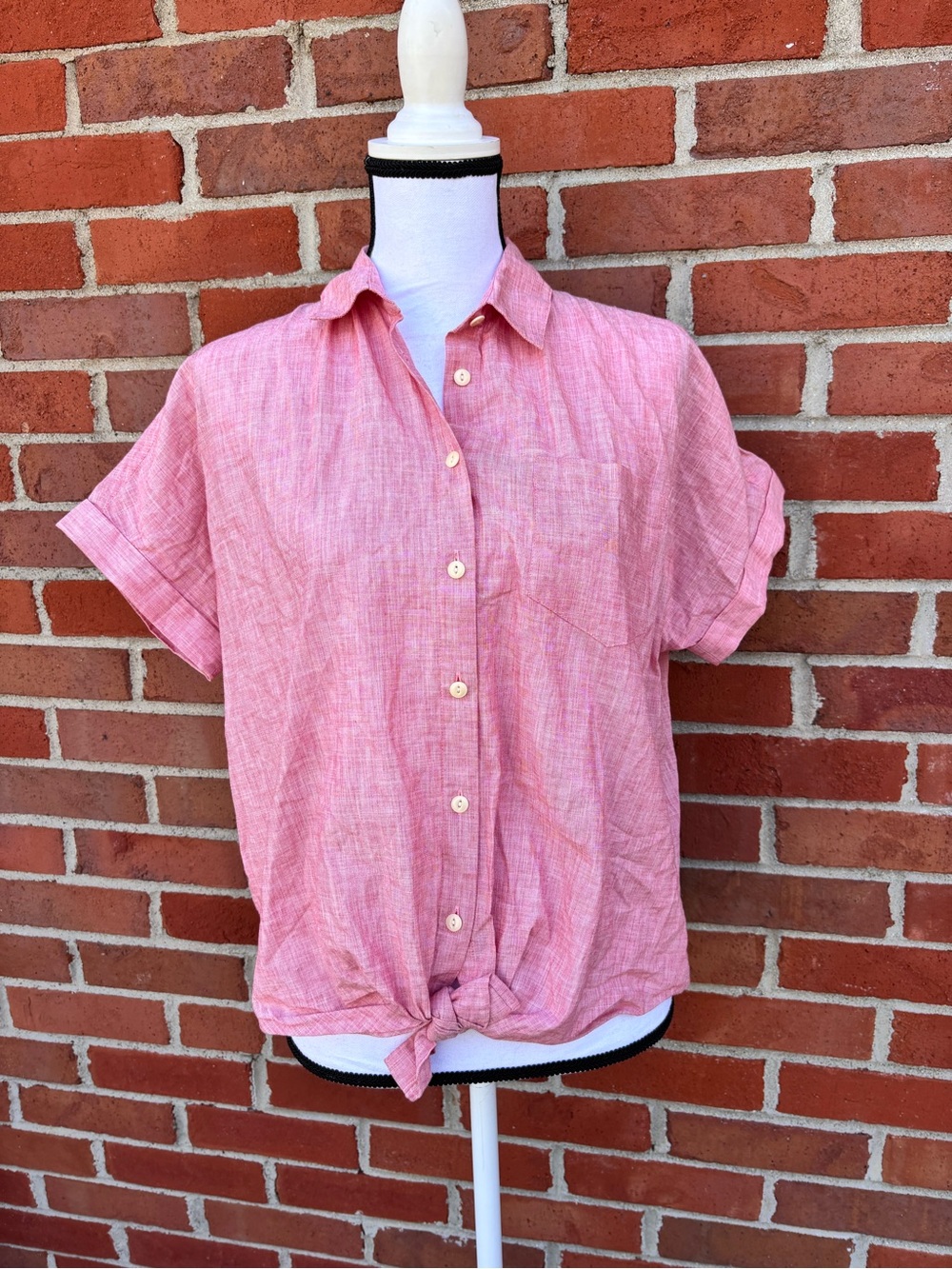 Madewell 100% Cotton Pink Short Sleeve Button Front Tie Hem Shirt Small